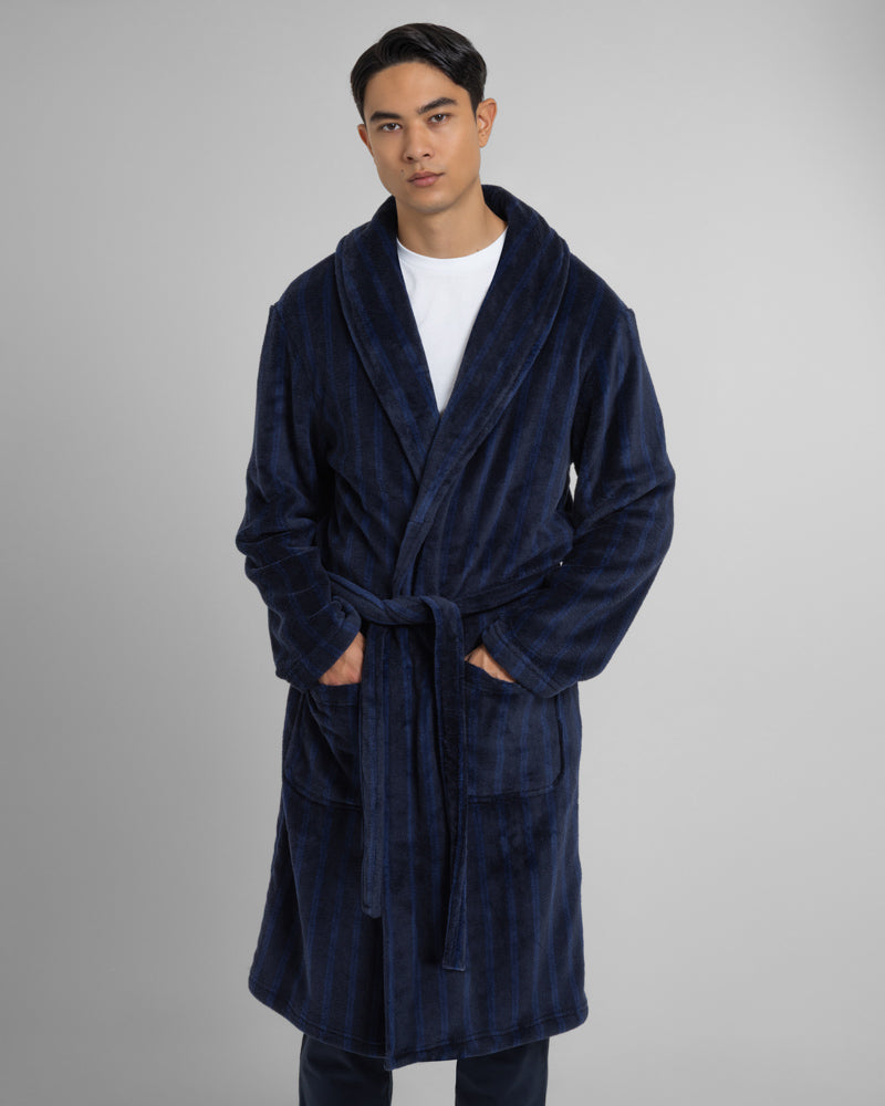 Steel & Jelly Men's Edgware Navy Chevron Stripe Supersoft Fleece Dressing  Gown