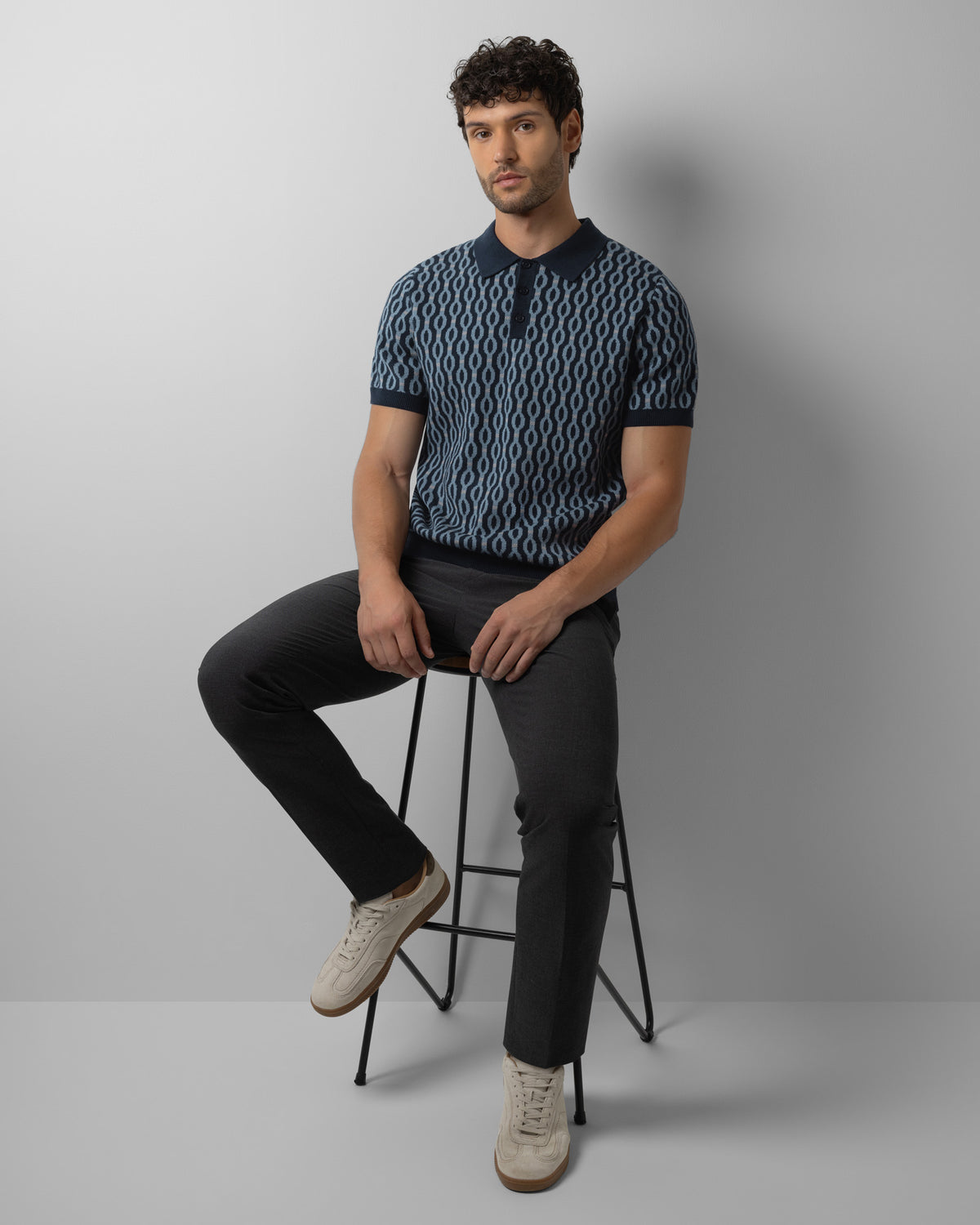 Kew - Geometric Diamond Jacquard Knitted Polo Shirt