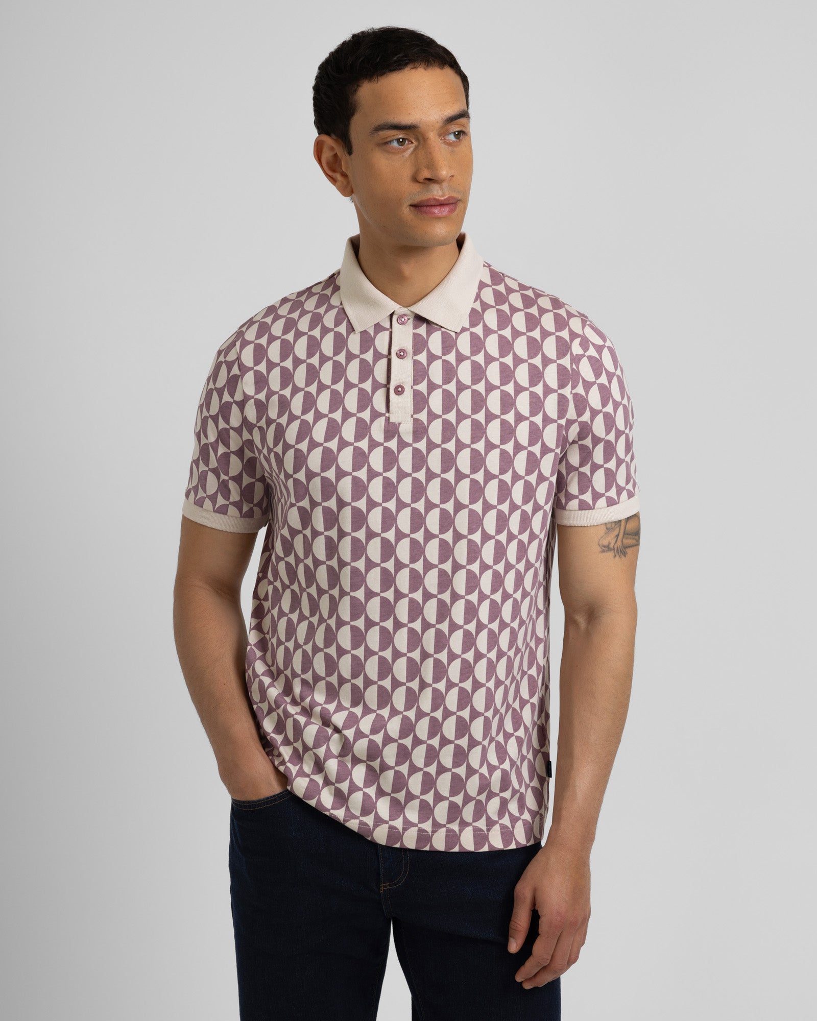 Curzon - Two-Tone Button Circle Print Polo Shirt