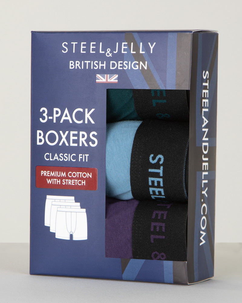 Purple, Blue & Green 3 Pack Boxers