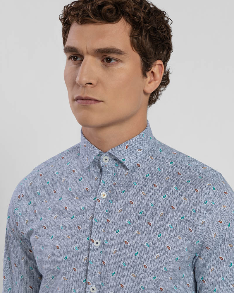 Mini Paisley Print Long Sleeve Stretch Shirt