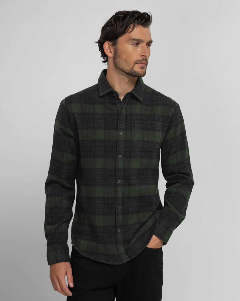 Steel & Jelly Men’s Disley Olive Check Brushed Cotton Long Sleeve Shirt