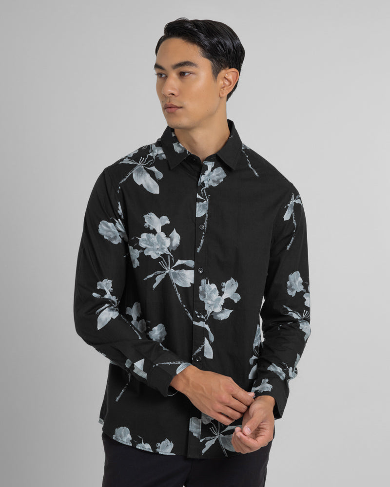 Steel & Jelly Men’s Budworth Greyscale Lily Floral Print Long Sleeve Shirt