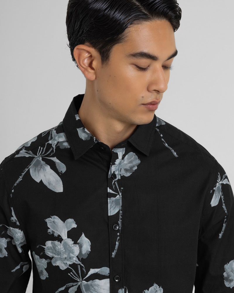 Steel & Jelly Men’s Budworth Greyscale Lily Floral Print Long Sleeve Shirt