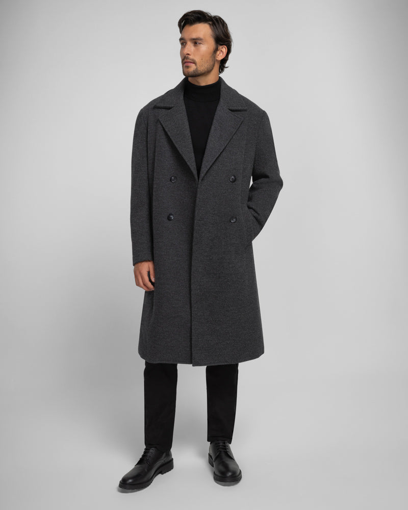 Steel & Jelly Men’s Ryburn Double-Breasted Long Charcoal Overcoat
