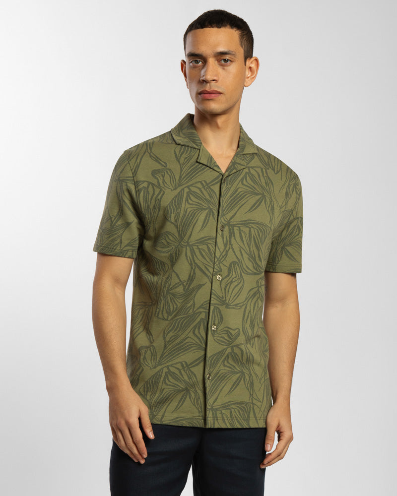 Abstract Palm Leaf Jacquard Short Sleeve Shirt
