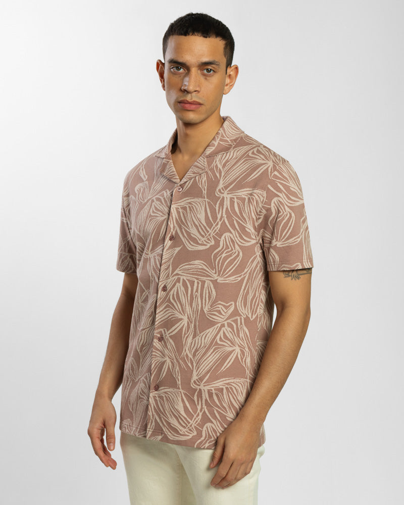 Abstract Palm Leaf Jacquard Short Sleeve Shirt