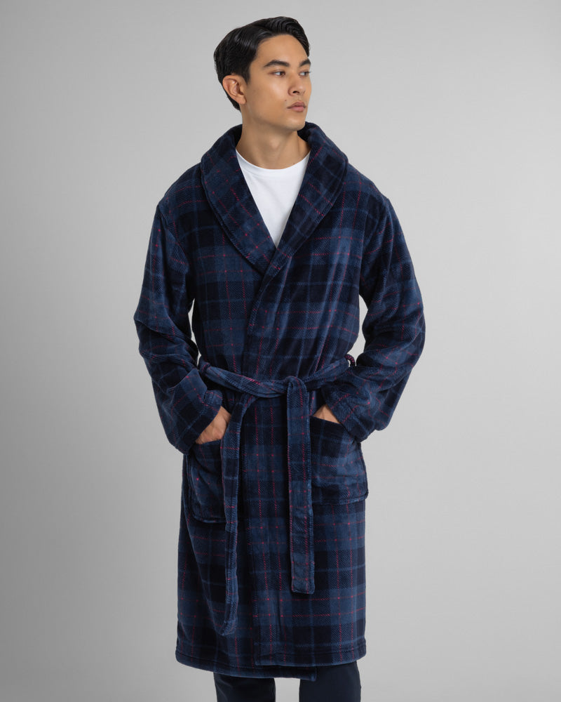 Steel & Jelly Men’s Canary Navy & Red Check Supersoft Fleece Dressing Gown