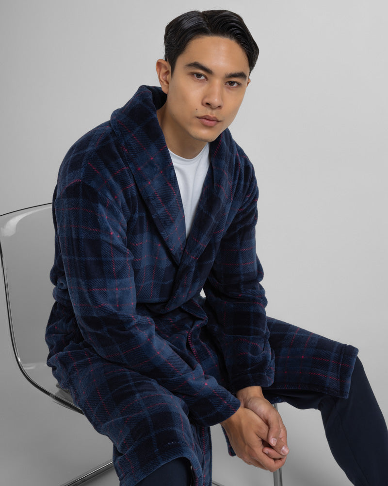 Steel & Jelly Men’s Canary Navy & Red Check Supersoft Fleece Dressing Gown