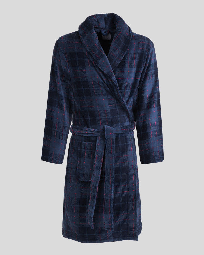 Steel & Jelly Men’s Canary Navy & Red Check Supersoft Fleece Dressing Gown