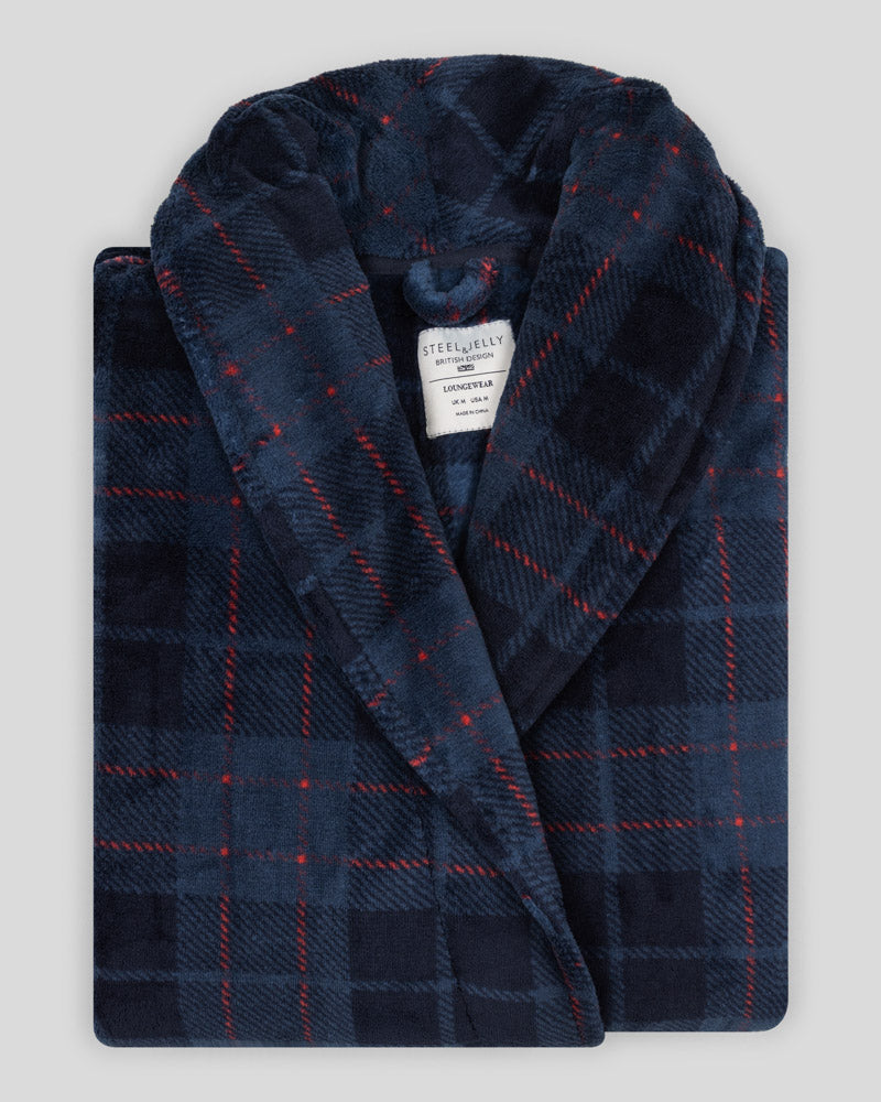 Steel & Jelly Men’s Canary Navy & Red Check Supersoft Fleece Dressing Gown