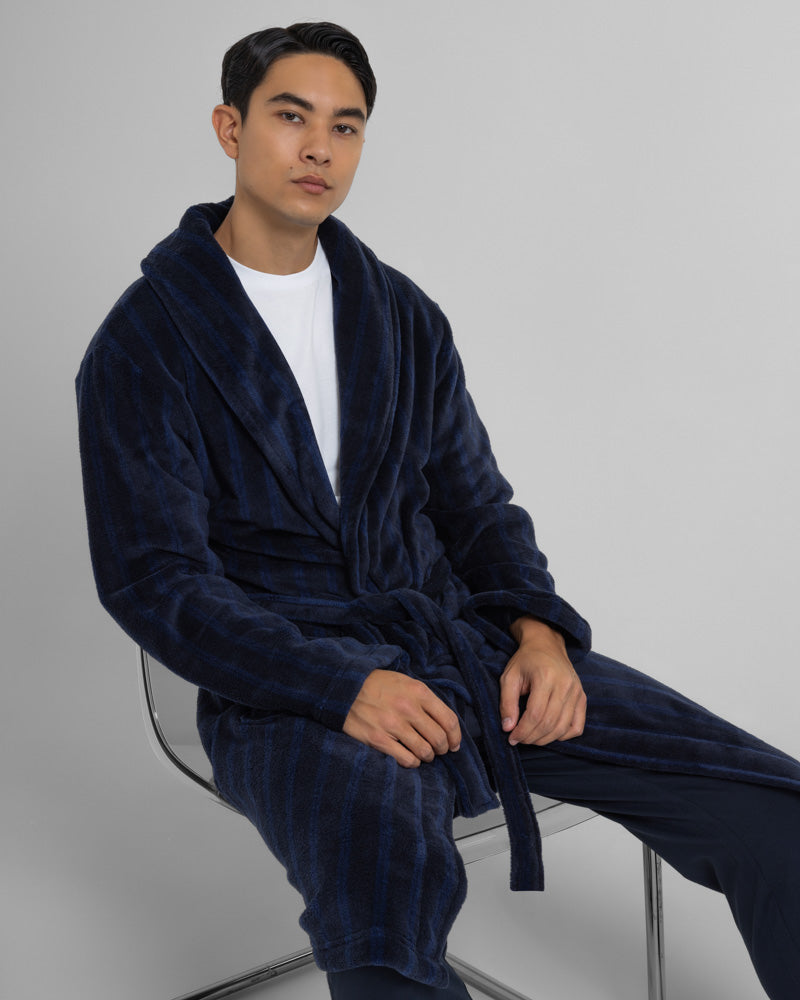 Steel & Jelly Men’s Edgware Navy Chevron Stripe Supersoft Fleece Dressing Gown