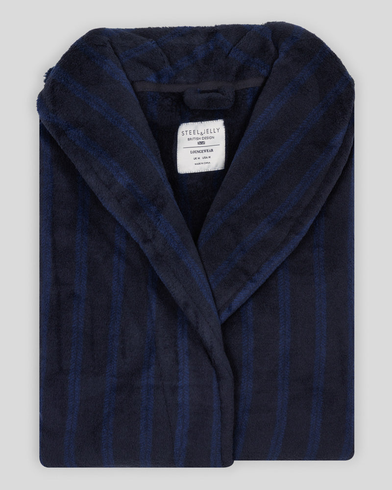 Steel & Jelly Men’s Edgware Navy Chevron Stripe Supersoft Fleece Dressing Gown