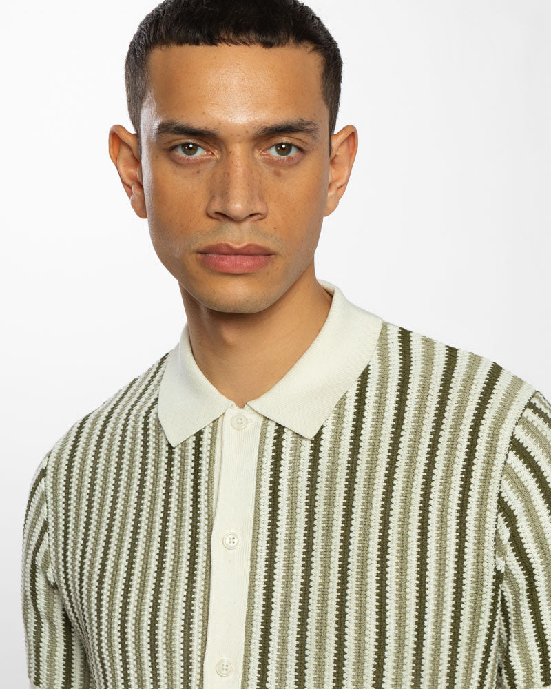 Tonal Stripe Knitted Button Polo Shirt