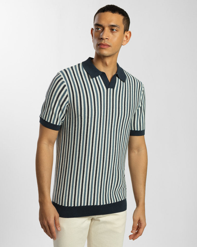Open Collar Stripe Knitted Polo Shirt