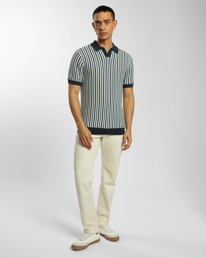 Open Collar Stripe Knitted Polo Shirt