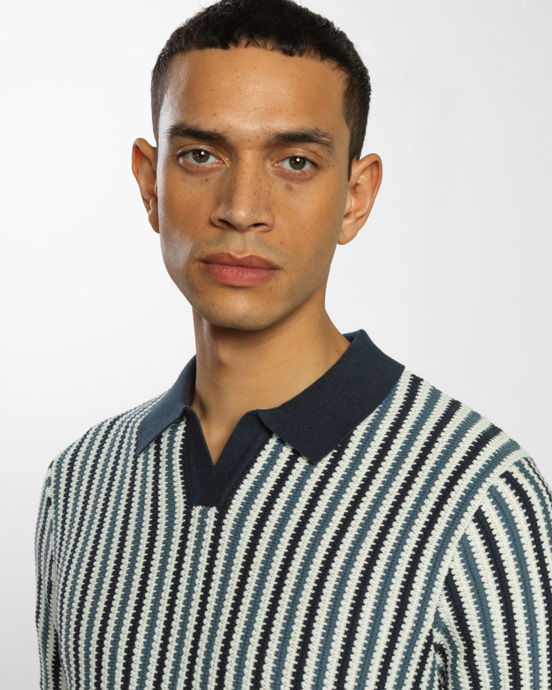 Open Collar Stripe Knitted Polo Shirt