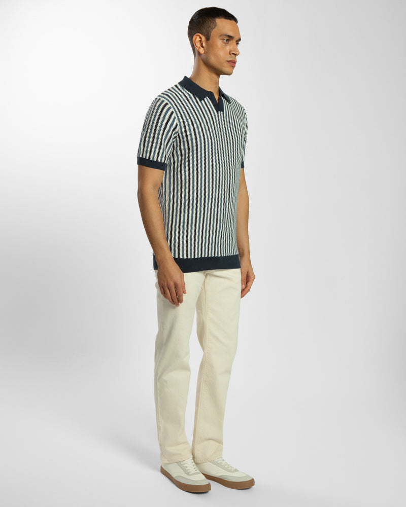 Open Collar Stripe Knitted Polo Shirt