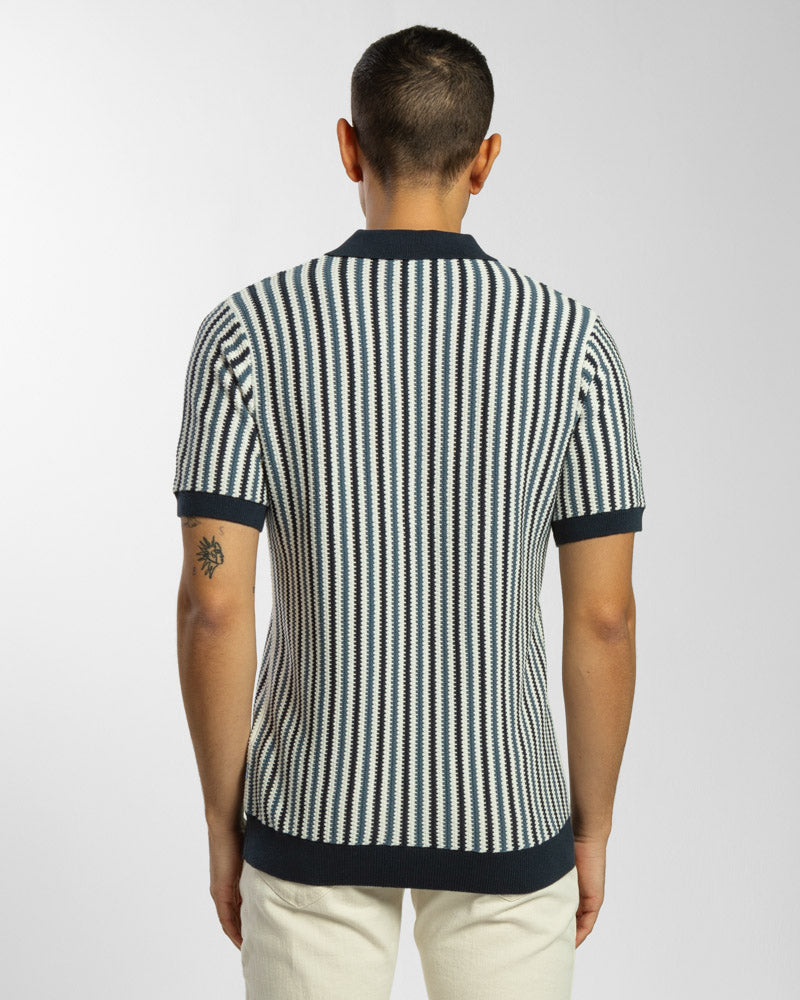 Open Collar Stripe Knitted Polo Shirt