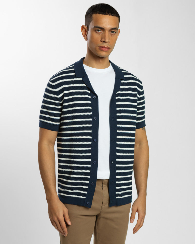 Large Stripe Knitted Button Polo Shirt