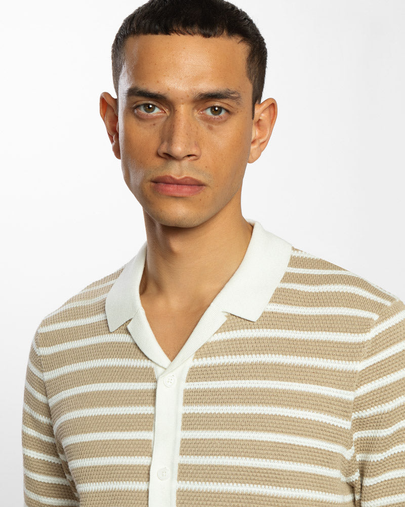Large Stripe Knitted Button Polo Shirt