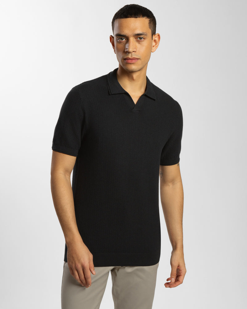 Honeycomb Textured Open Collar Knitted Polo Shirt
