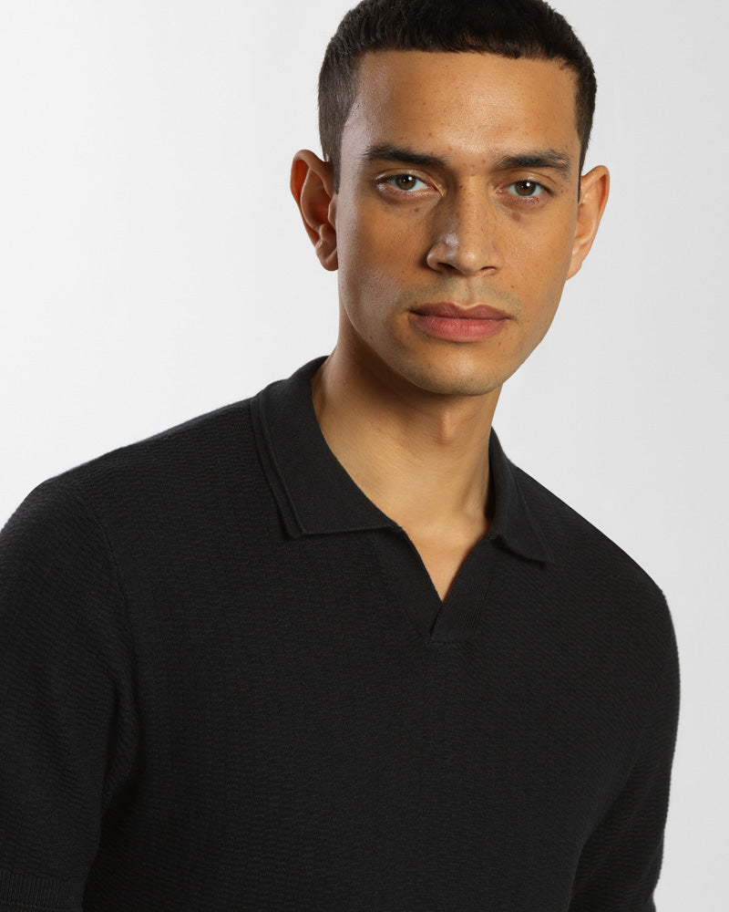 Honeycomb Textured Open Collar Knitted Polo Shirt