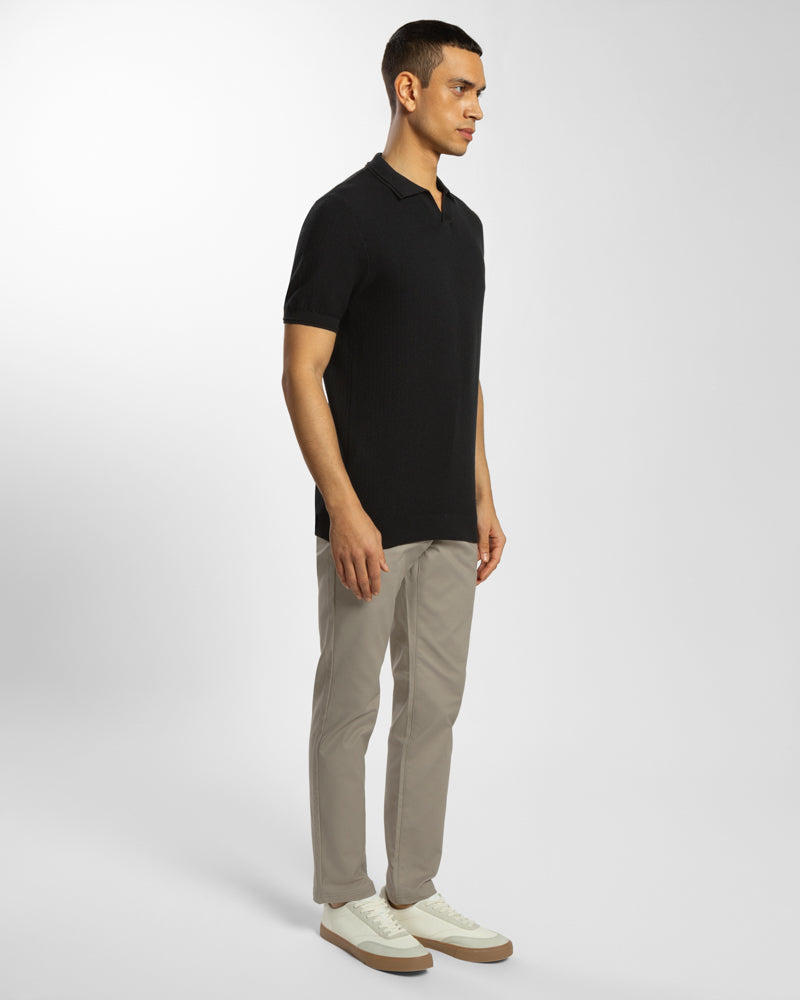 Honeycomb Textured Open Collar Knitted Polo Shirt