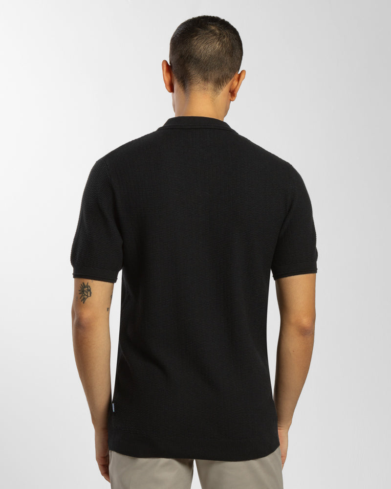 Honeycomb Textured Open Collar Knitted Polo Shirt