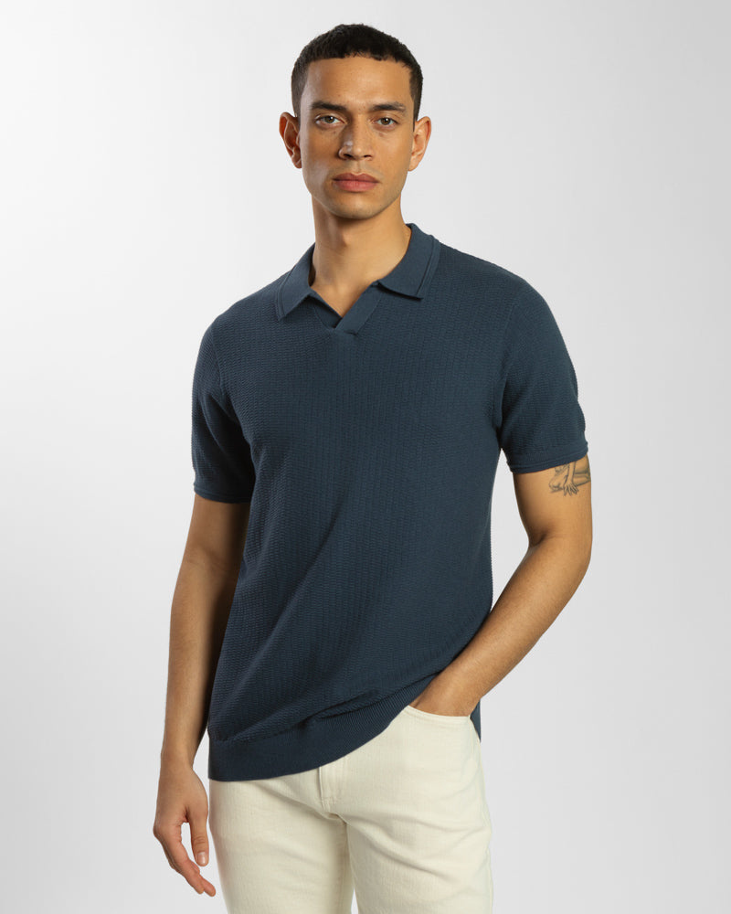 Honeycomb Textured Open Collar Knitted Polo Shirt