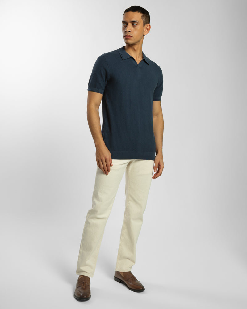 Honeycomb Textured Open Collar Knitted Polo Shirt