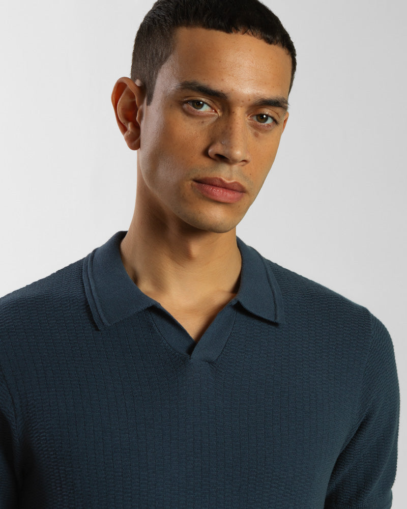 Honeycomb Textured Open Collar Knitted Polo Shirt