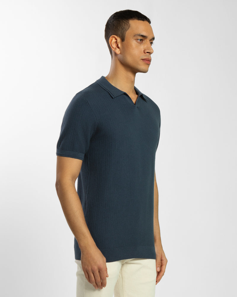 Honeycomb Textured Open Collar Knitted Polo Shirt