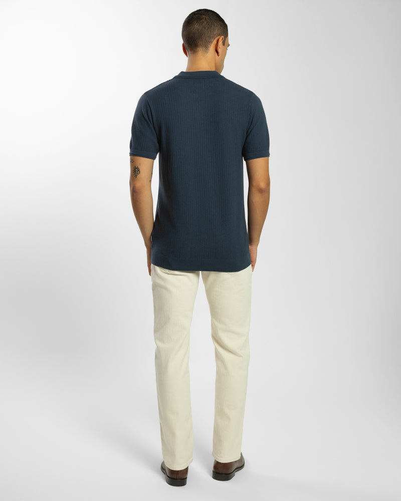 Honeycomb Textured Open Collar Knitted Polo Shirt