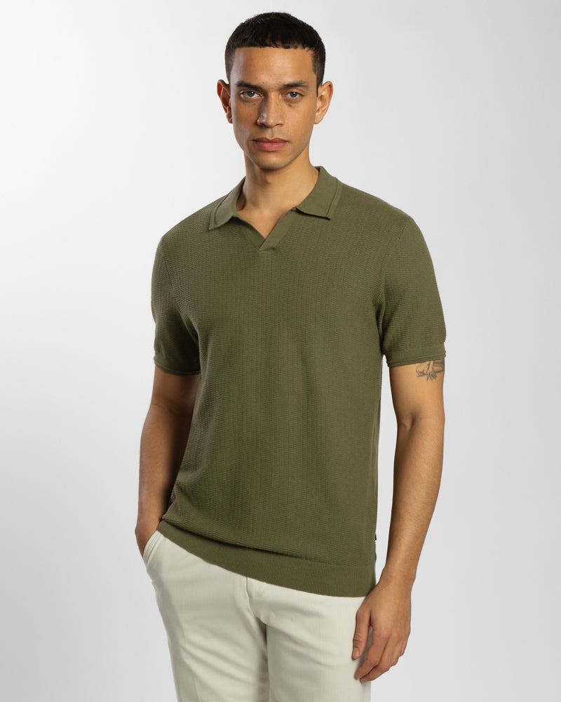 Honeycomb Textured Open Collar Knitted Polo Shirt