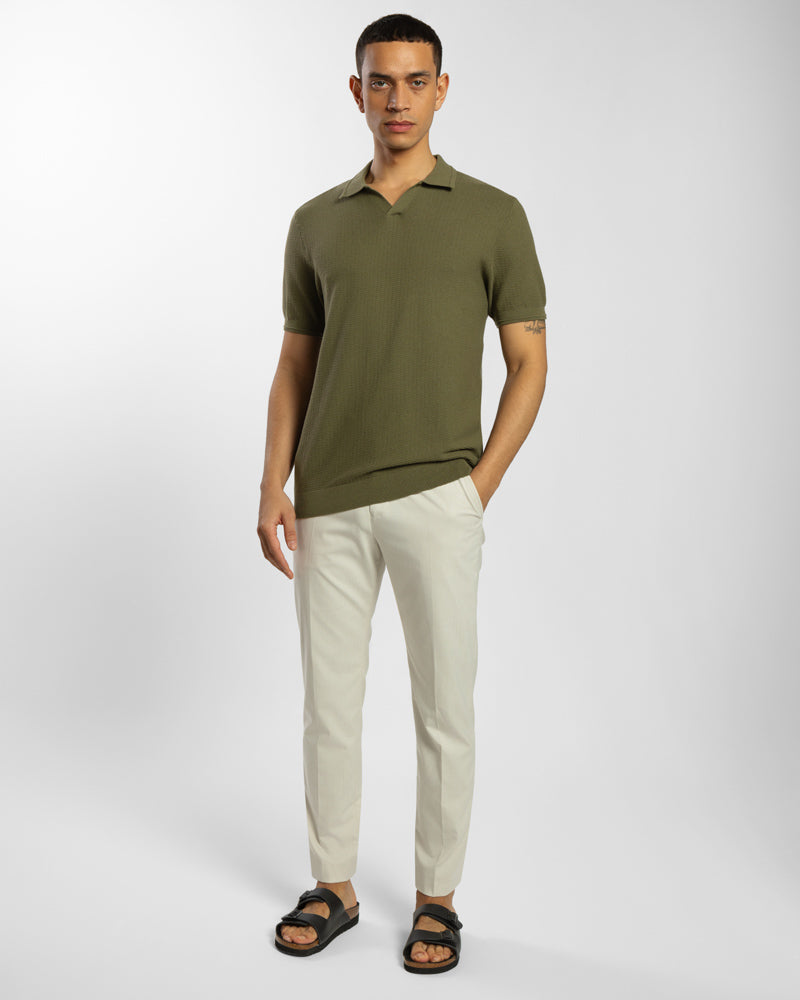 Honeycomb Textured Open Collar Knitted Polo Shirt