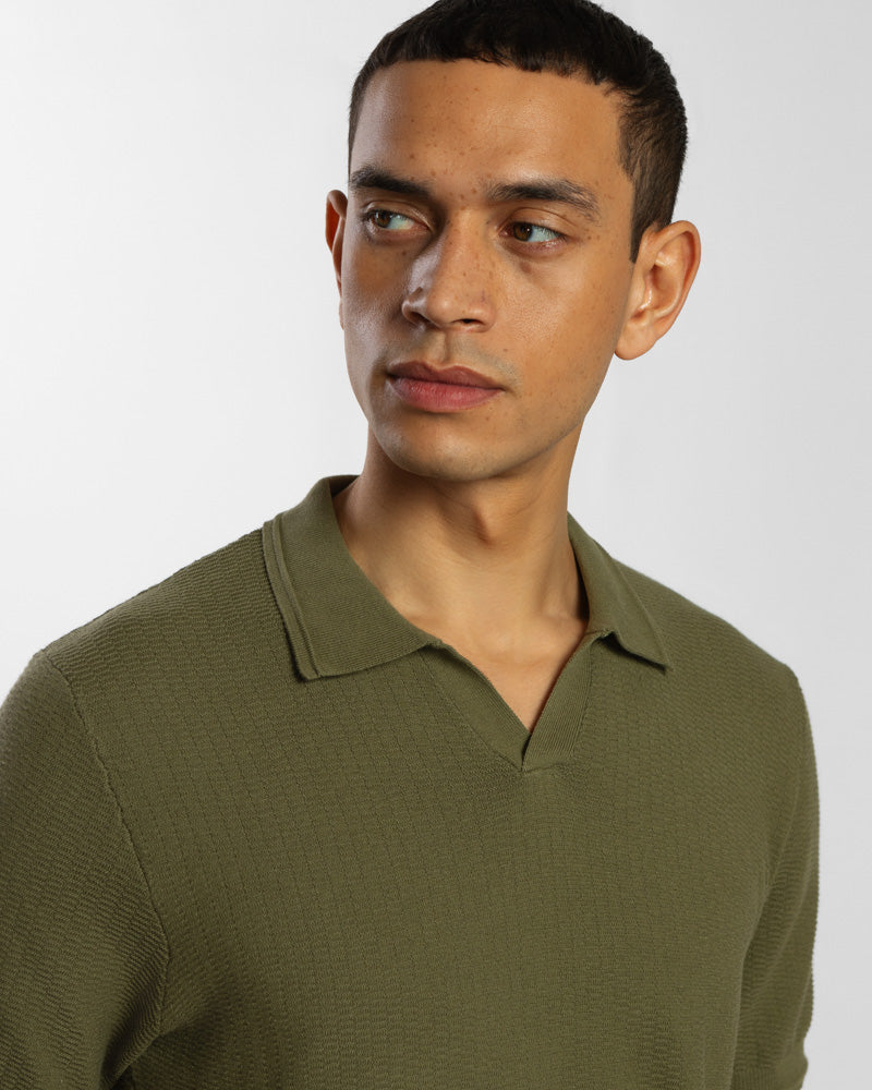 Honeycomb Textured Open Collar Knitted Polo Shirt