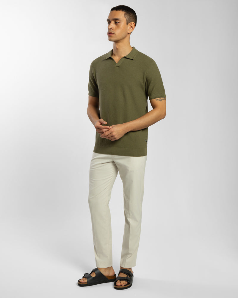 Honeycomb Textured Open Collar Knitted Polo Shirt