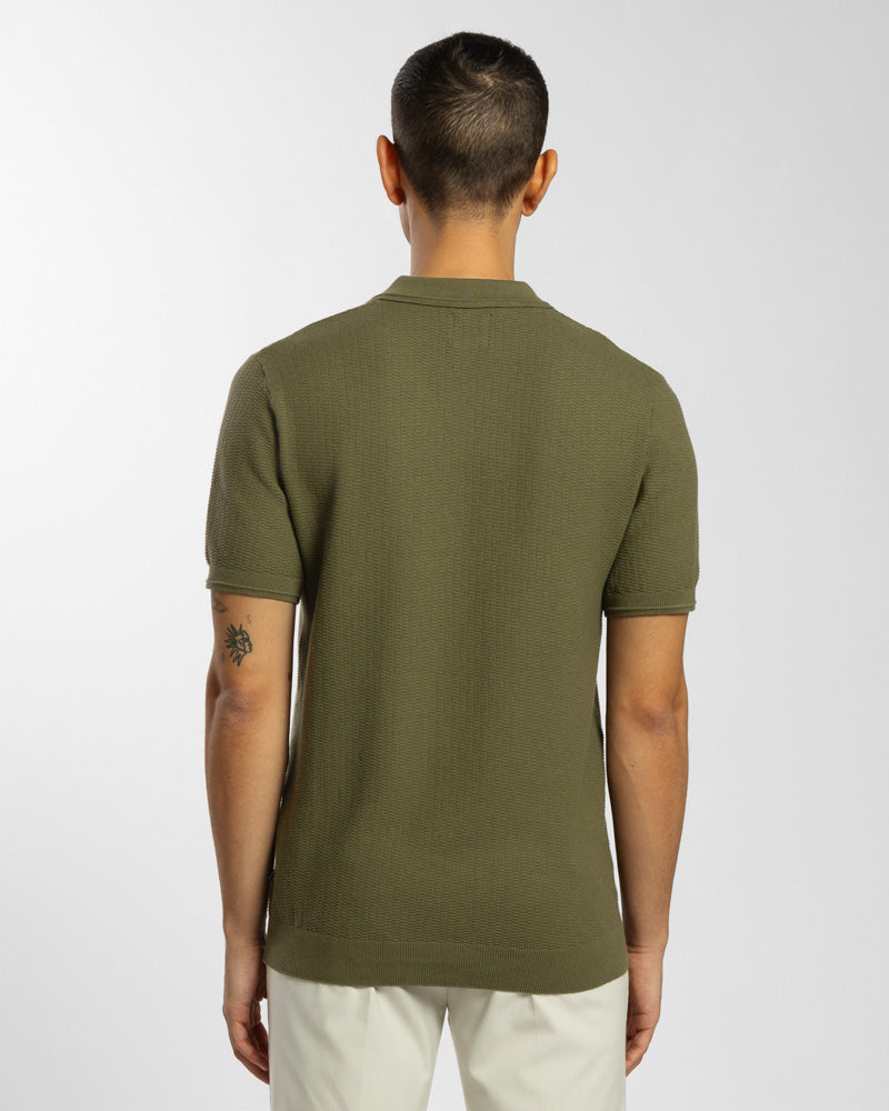 Honeycomb Textured Open Collar Knitted Polo Shirt