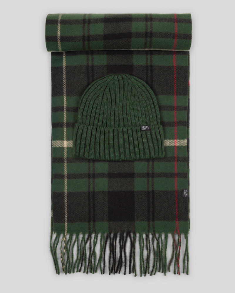 Steel & Jelly Men’s Ferring Green Beanie & Check Soft-Touch Scarf Set