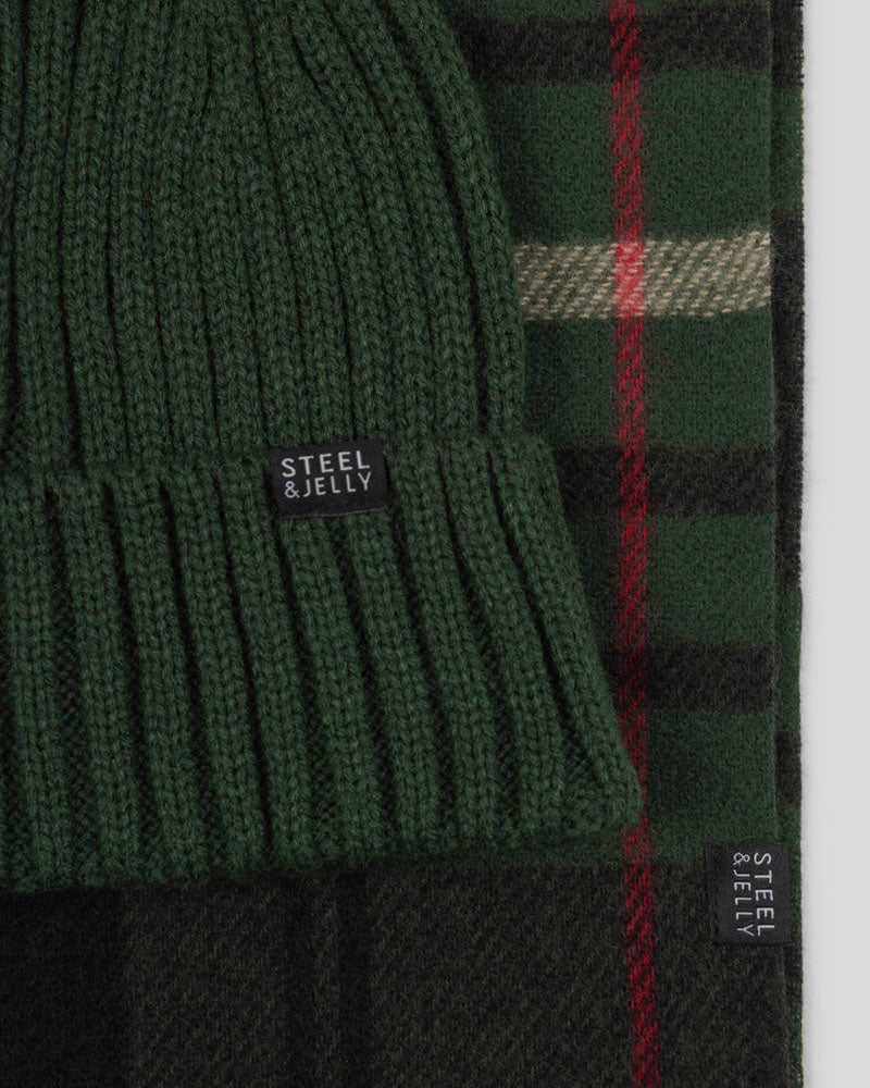 Steel & Jelly Men’s Ferring Green Beanie & Check Soft-Touch Scarf Set
