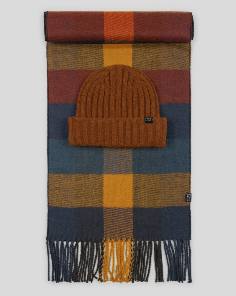 Steel & Jelly Men’s Merston Rust Beanie & Check Soft-Touch Scarf Set
