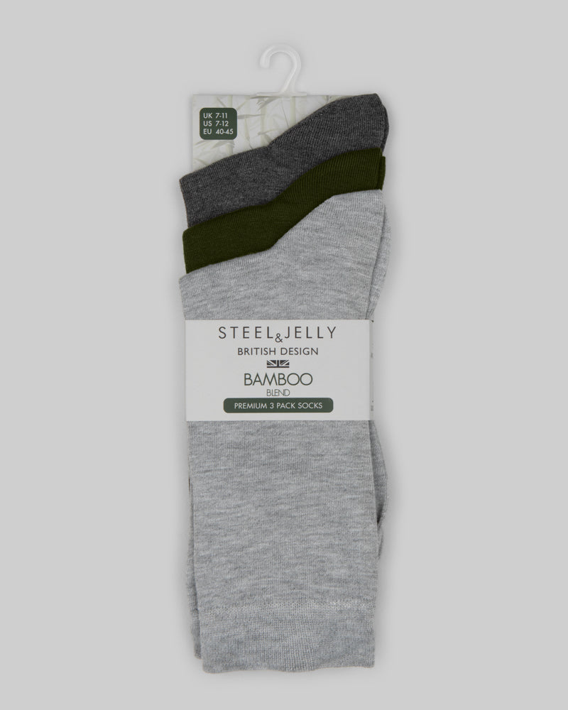 3 Pack Grey, Olive & Charcoal Bamboo Blend Socks