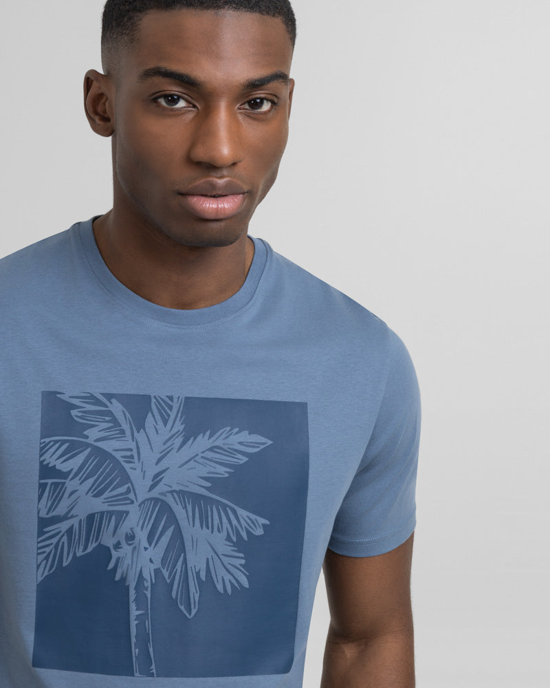 Blue Square Palm Tree Print T-Shirt