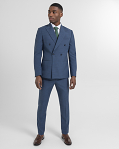 Blue Linen Blend Double Breasted Two Piece Suit